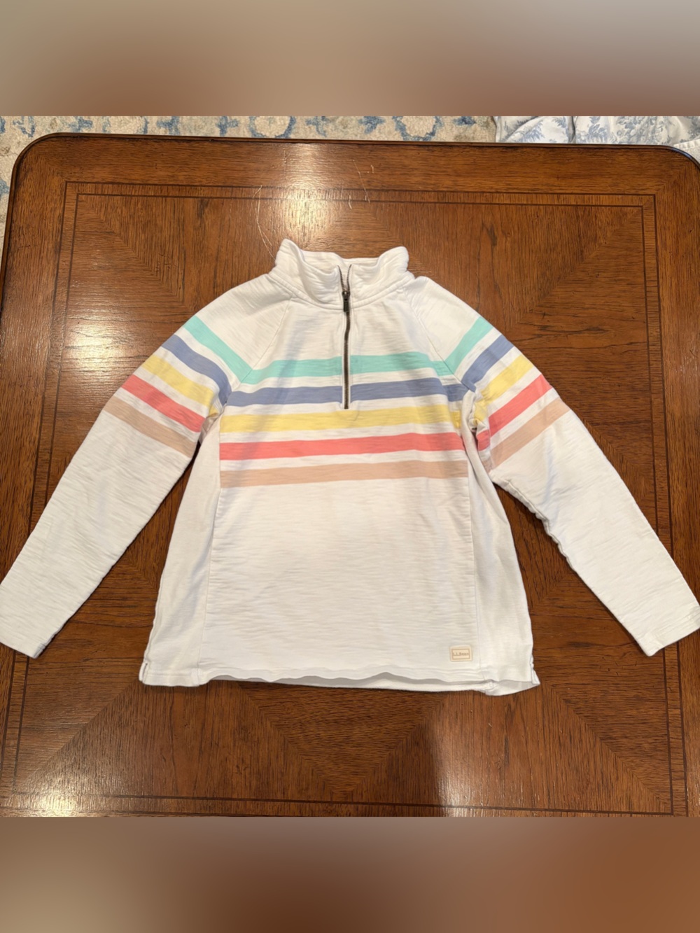 L.L. Bean White Kids Quarter-Zip Pullover with Pastel Stripe Detail